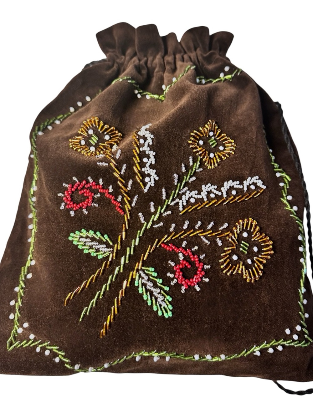 Victorian Brown Velvet Hand-Beaded Woodland Double-Sided Reticule Drawstring Bag